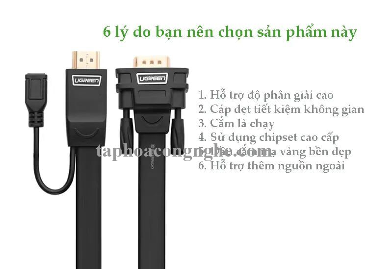 Ugreen 40232 3M màu Đen Cáp chuyển đỗi HDMI sang VGA kèm cổng trợ nguồn Micro USB MM101 30040232